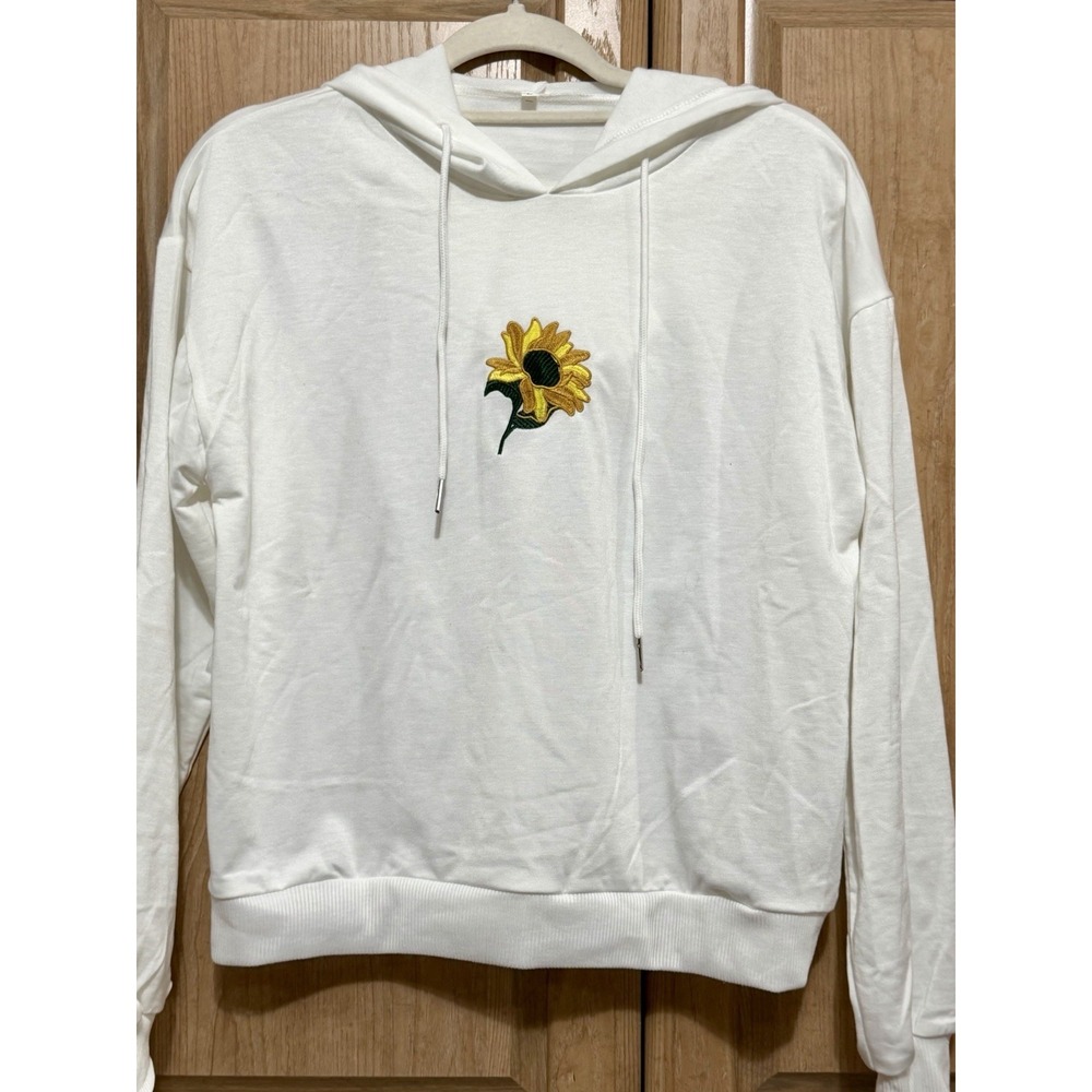 Vintage Women's Embroidered Sunflower Hoodie Pullover White Size Large
